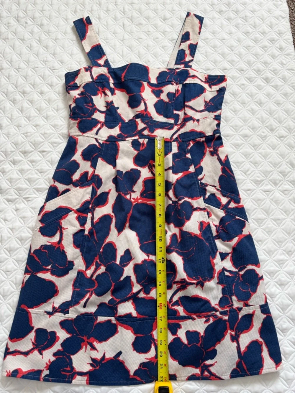 Lands' End Cream Blue Red Floral Midi Dress Cotton Canvas Wide Straps Size 12